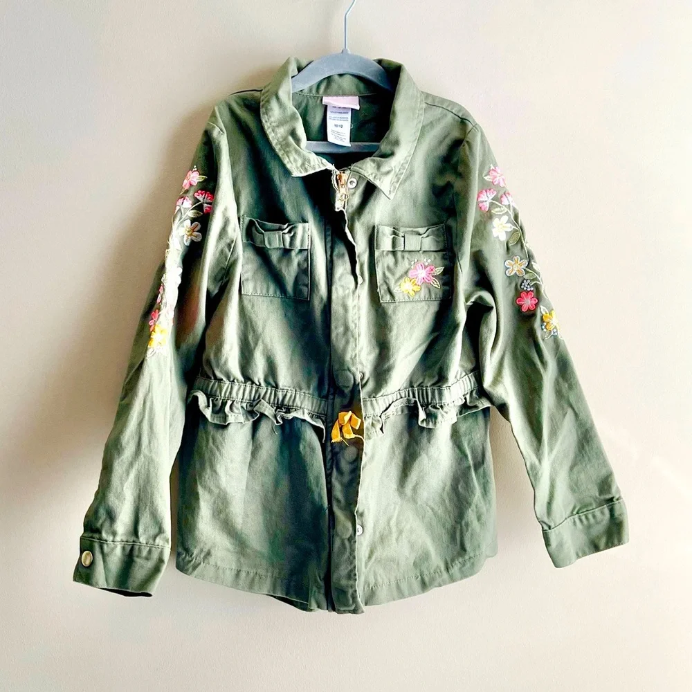 Little Lass Army Green Embroidered Flower Ruffle Jacket